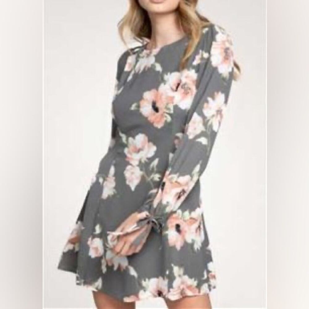 Everly Grey Floral Long sleeve Skater Sheath Dress Crew Neck Small